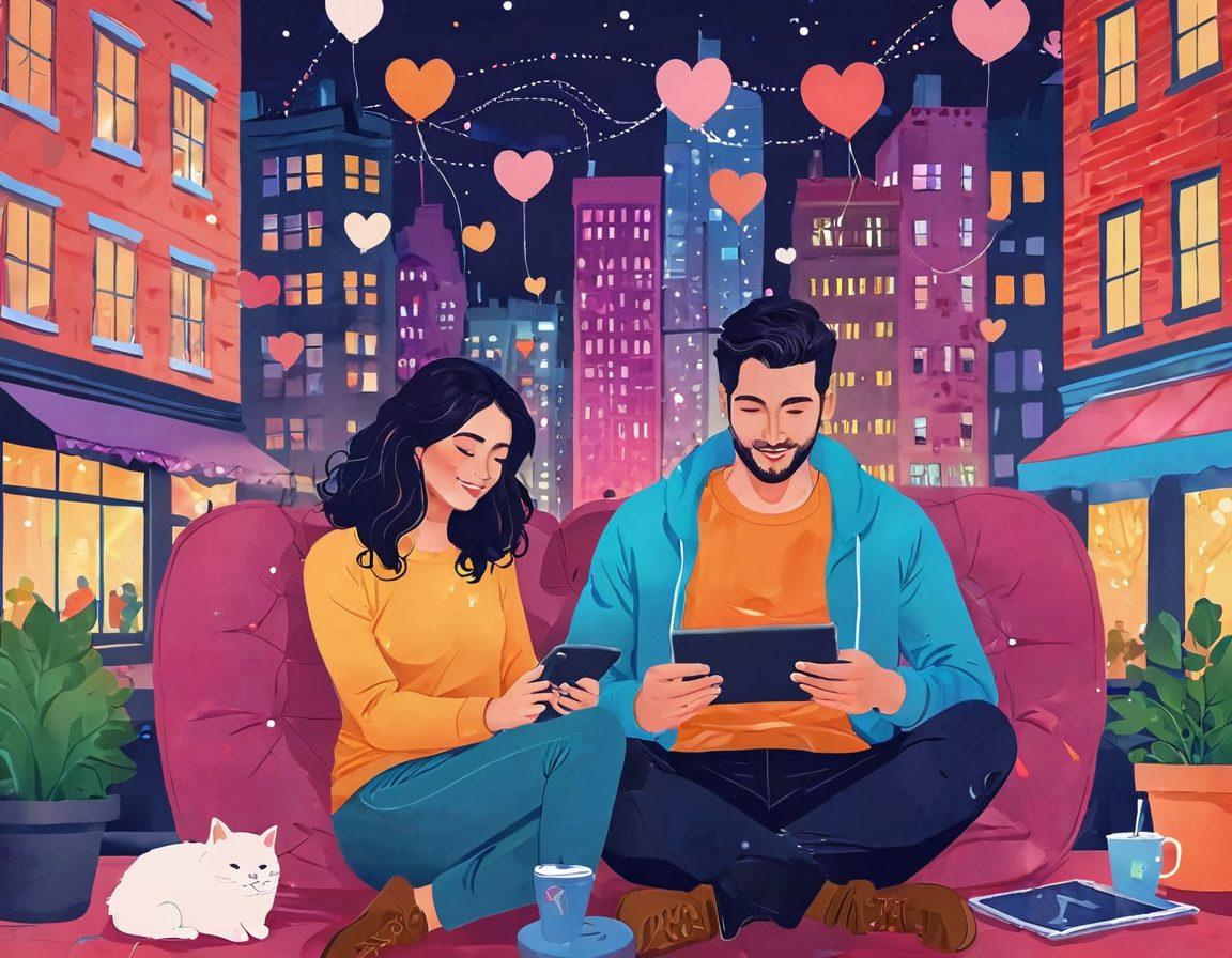A cozy, inviting digital illustration of a couple sitting together, swiping on a dating app on a tablet, surrounded by hearts and chat bubbles. The background features a blend of romantic cityscapes with subtle hints of technology like smartphones and laptops. Use warm, vibrant colors to evoke a sense of love and connectivity. Draw inspiration from a playful, modern art style. vibrant colors. digital illustration.