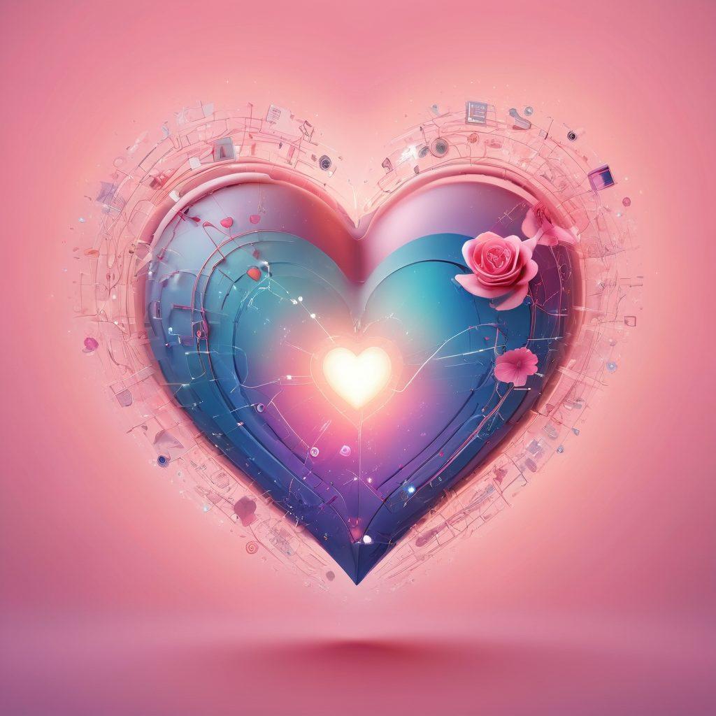 An abstract representation of a digital heart formed by interconnected tech elements, glowing in soft pastel colors. Surround it with social media icons and subtle hints of romantic motifs like roses and love letters, blending a modern love theme with technology. Include a subtle gradient background that transitions from a cool blue to a warm pink, symbolizing the journey of digital romance. vibrant colors. digital art.