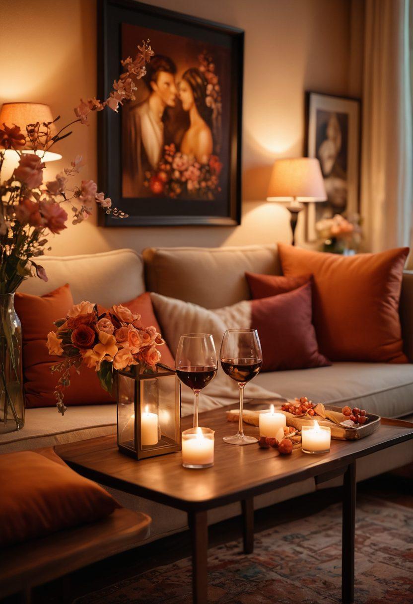 A cozy, intimate setting with a couple gazing into each other's eyes, surrounded by soft candlelight and warm colors. Include elements like a comfortable sofa, a small table with wine glasses, and a backdrop of romantic art or soft flowers. Capture the essence of love and connection, emphasizing their emotional bond. super-realistic. warm tones. soft focus.